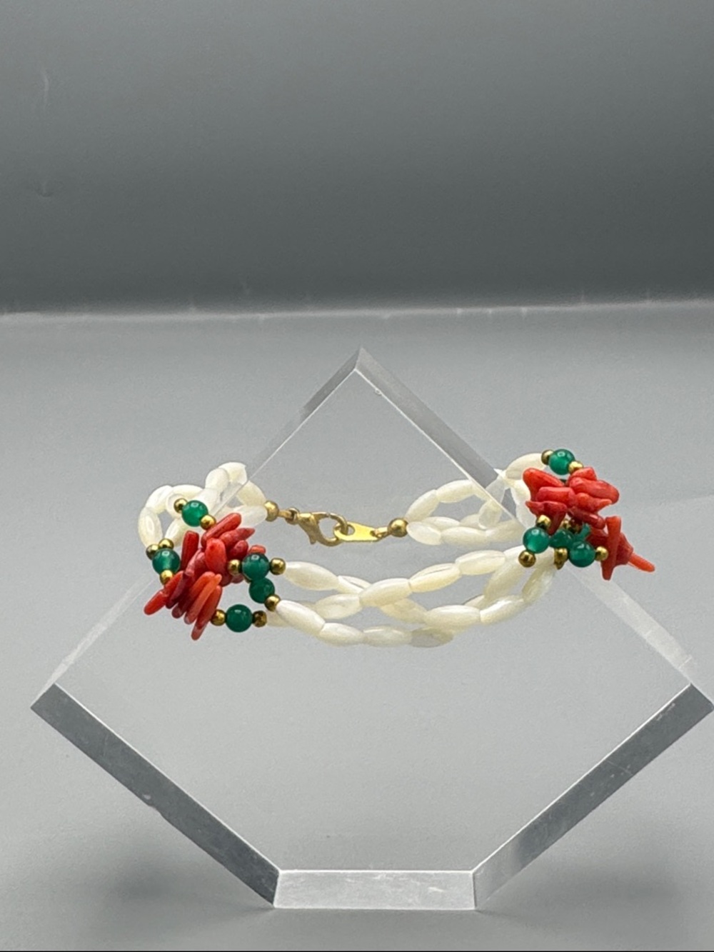 Handmade White Bead Bracelet with Red Coral & Green Accent Beads